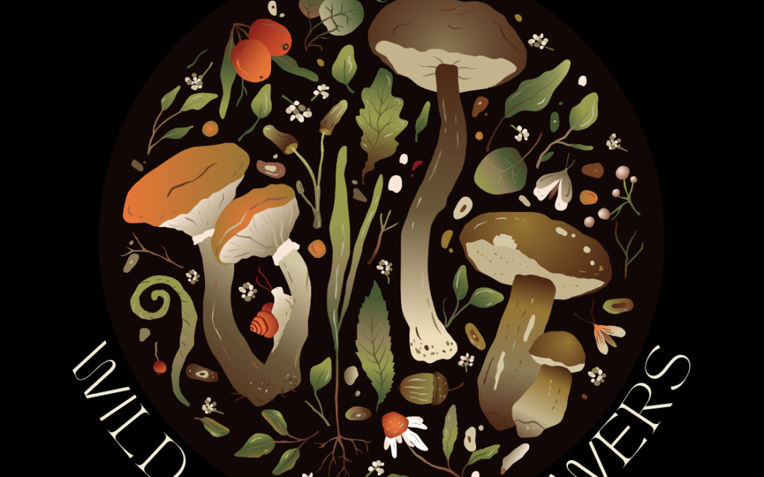 Logo with images of mushrooms and wild plants on a black background with the text 'Wild Wood Growers' around the outside