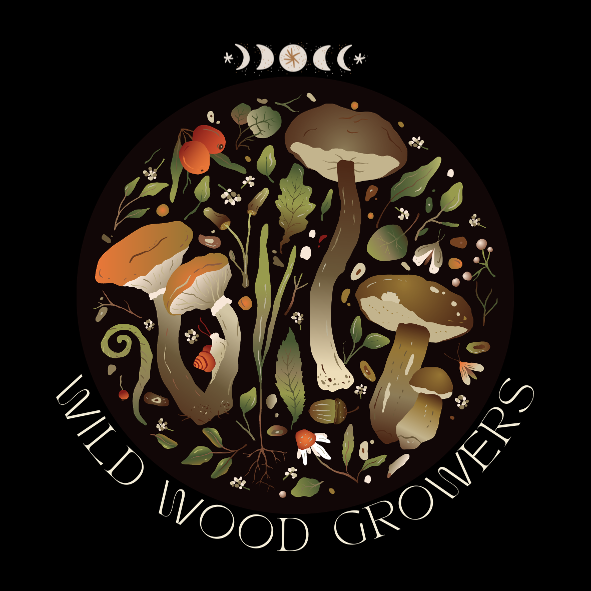 Logo with images of mushrooms and wild plants on a black background with the text 'Wild Wood Growers' around the outside